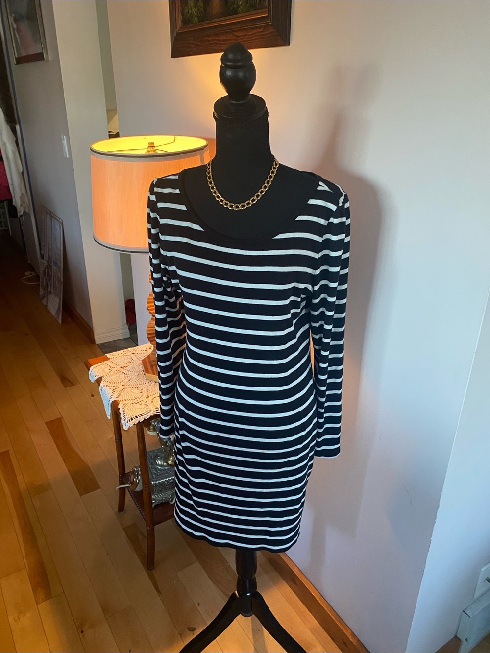 Old Navy Black and White Striped Long-Sleeve Scoop Tunic/Dress